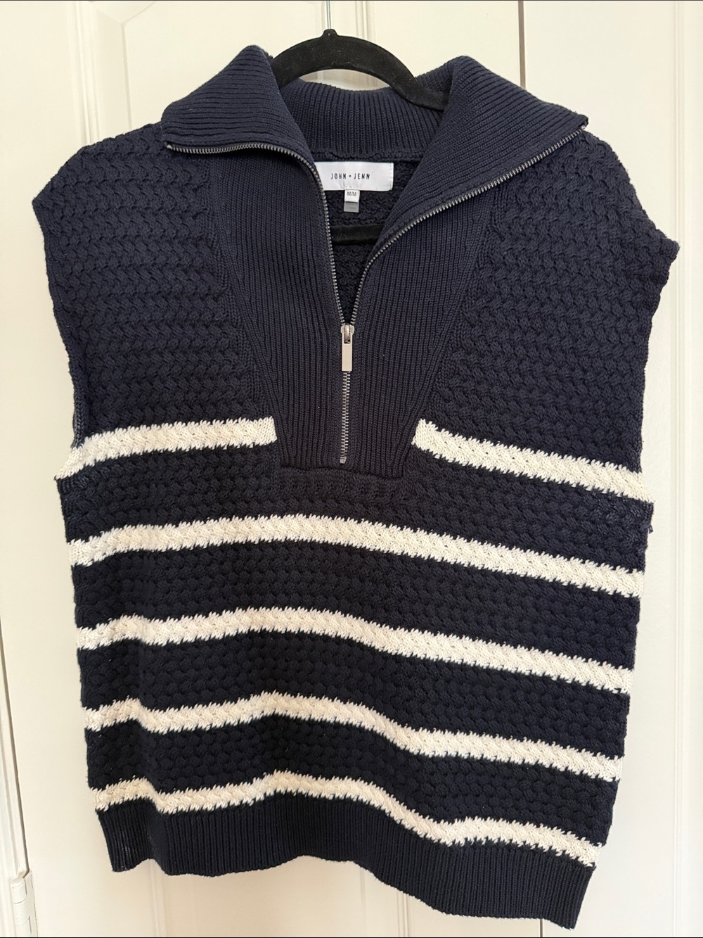 John + Jenn Navy and White Zip-Front Textured Knit Sweater